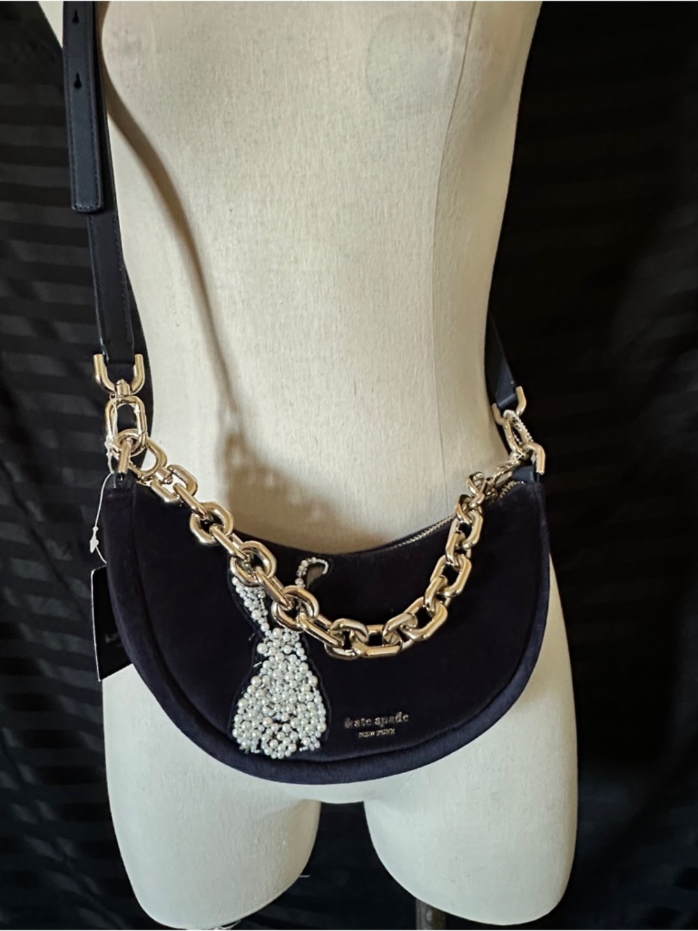 kate spade black velvet crossbody with gold chain and pearl tassel